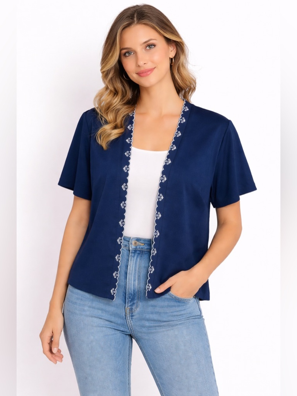 Vintage 70s Navy Cover Up Lightweight Open Front Blouse Scalloped Trim USA Made